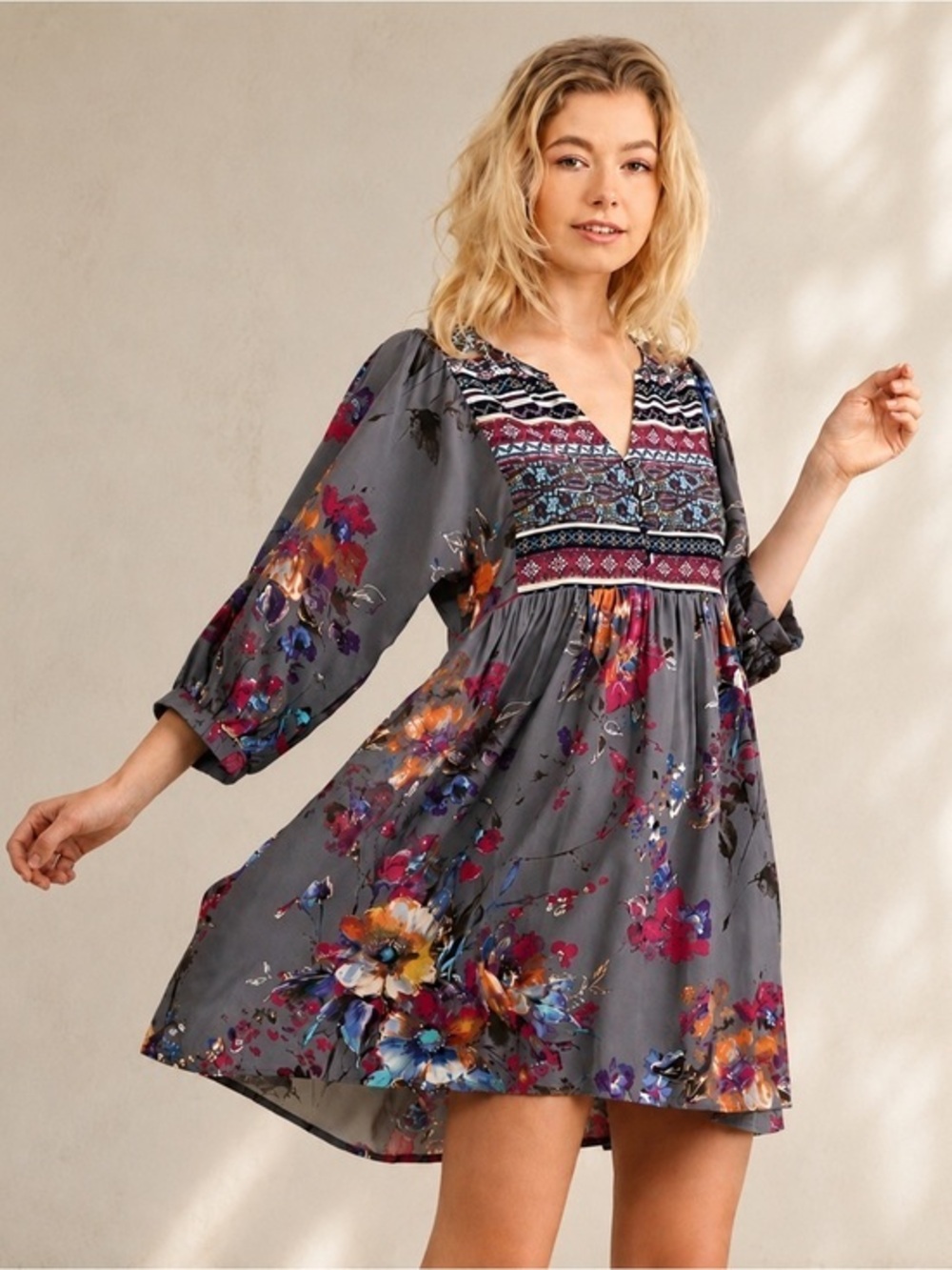 Boho Floral Babydoll Tunic Dress Gray Pink Blue | Peasant Mini | EUC M #1471